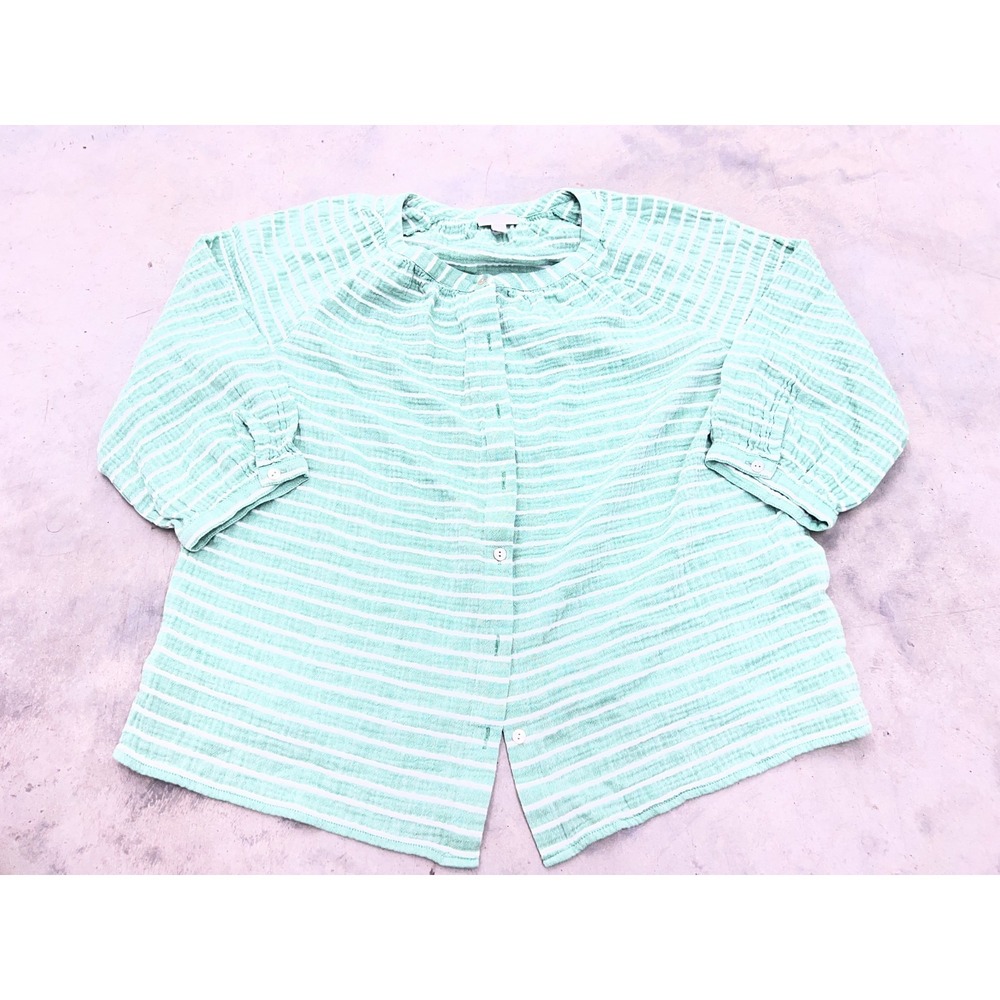 J.Jill Blouse Top Women Large Green White Striped Textured Button Front Bohemian